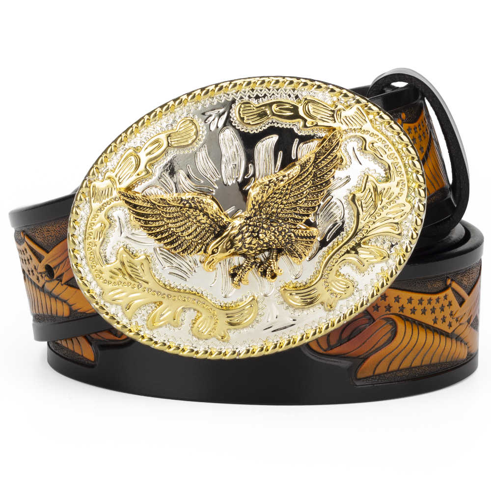 American Eagle Western Leather Belt with Gold Oval Buckle Patriot Cowboy