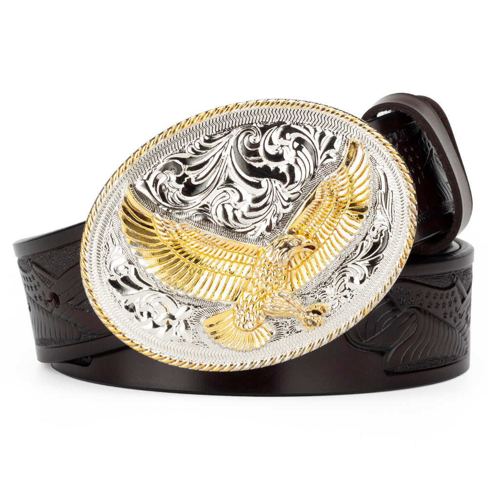American Eagle Western Leather Belt with Gold Oval Buckle Patriot Cowboy