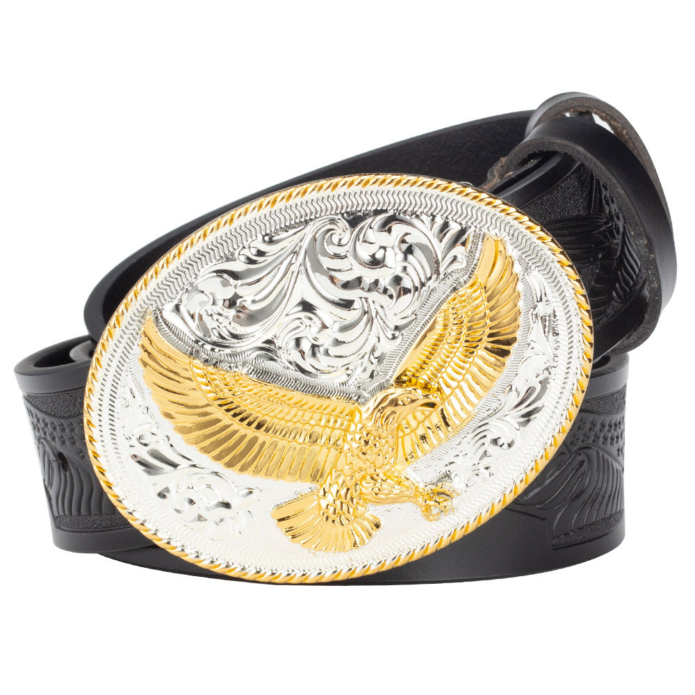 American Eagle Western Leather Belt with Gold Oval Buckle Patriot Cowboy