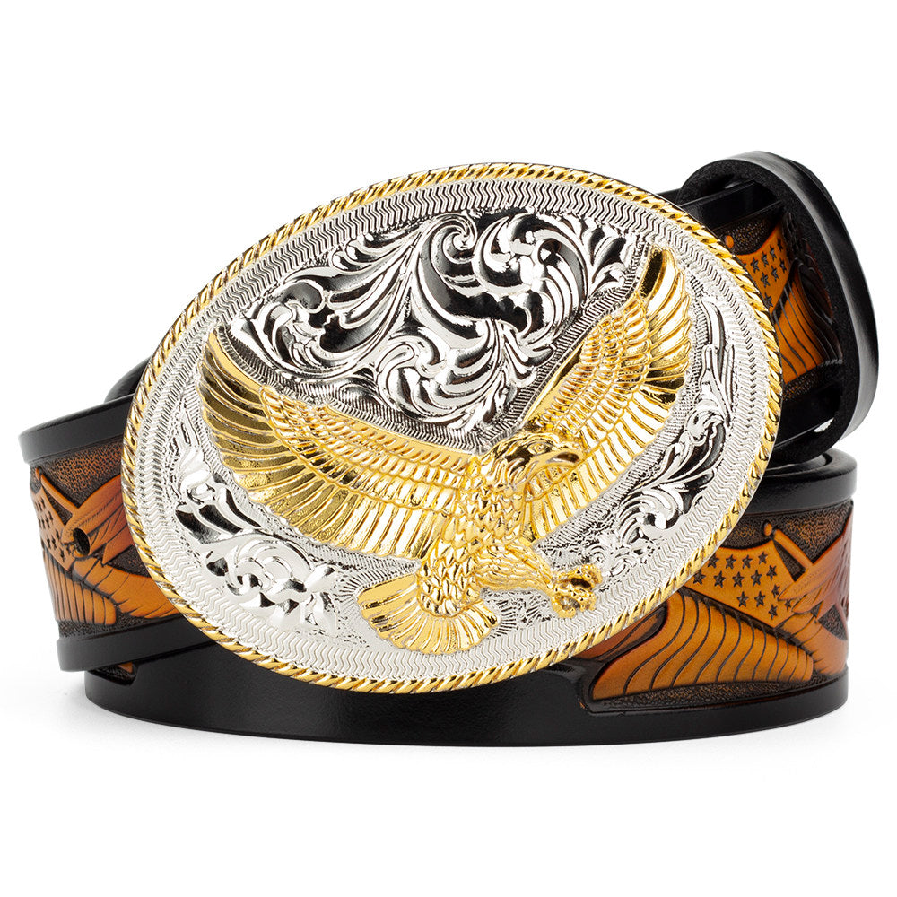American Eagle Western Leather Belt with Gold Oval Buckle Patriot Cowboy