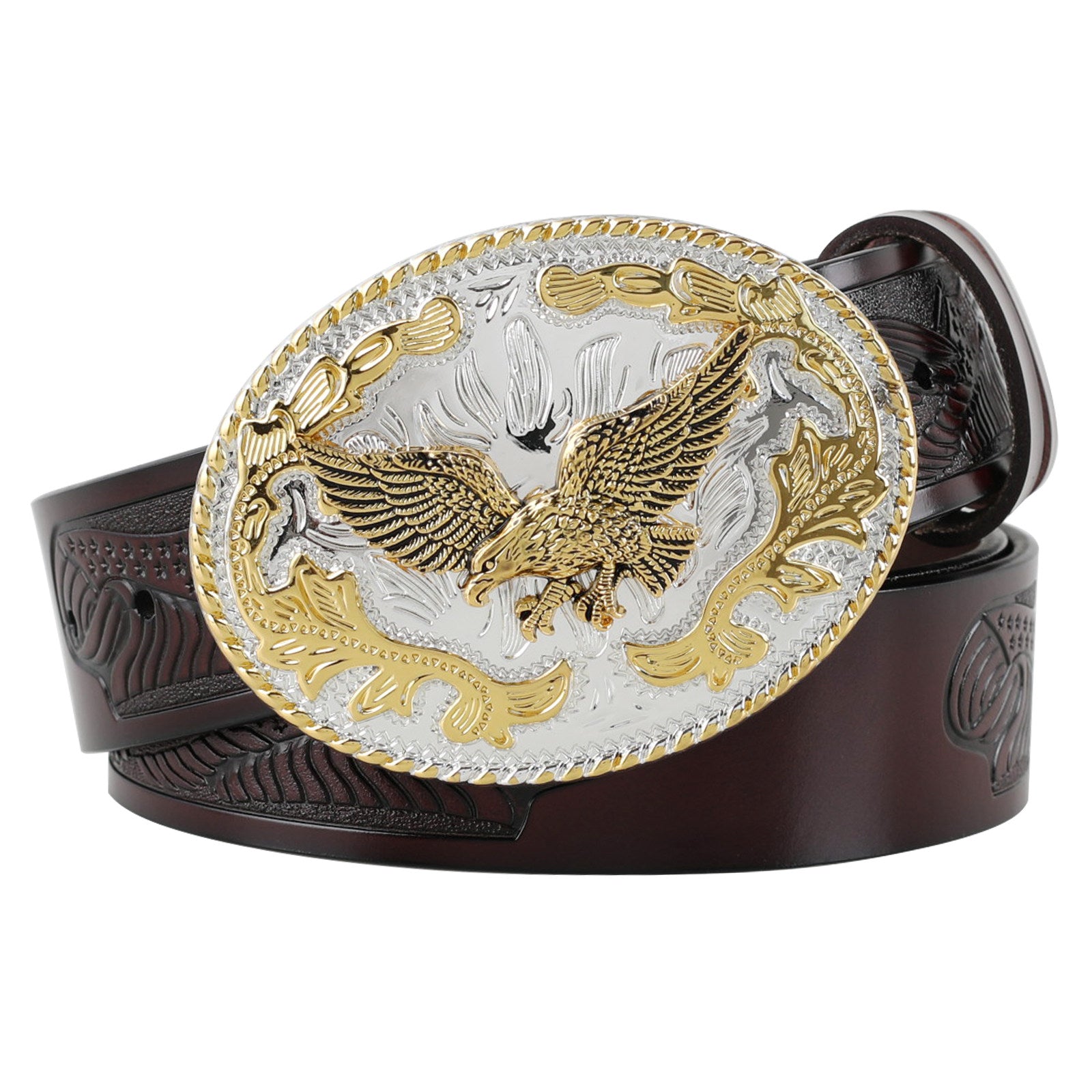 American Eagle Western Leather Belt with Gold Oval Buckle Patriot Cowboy