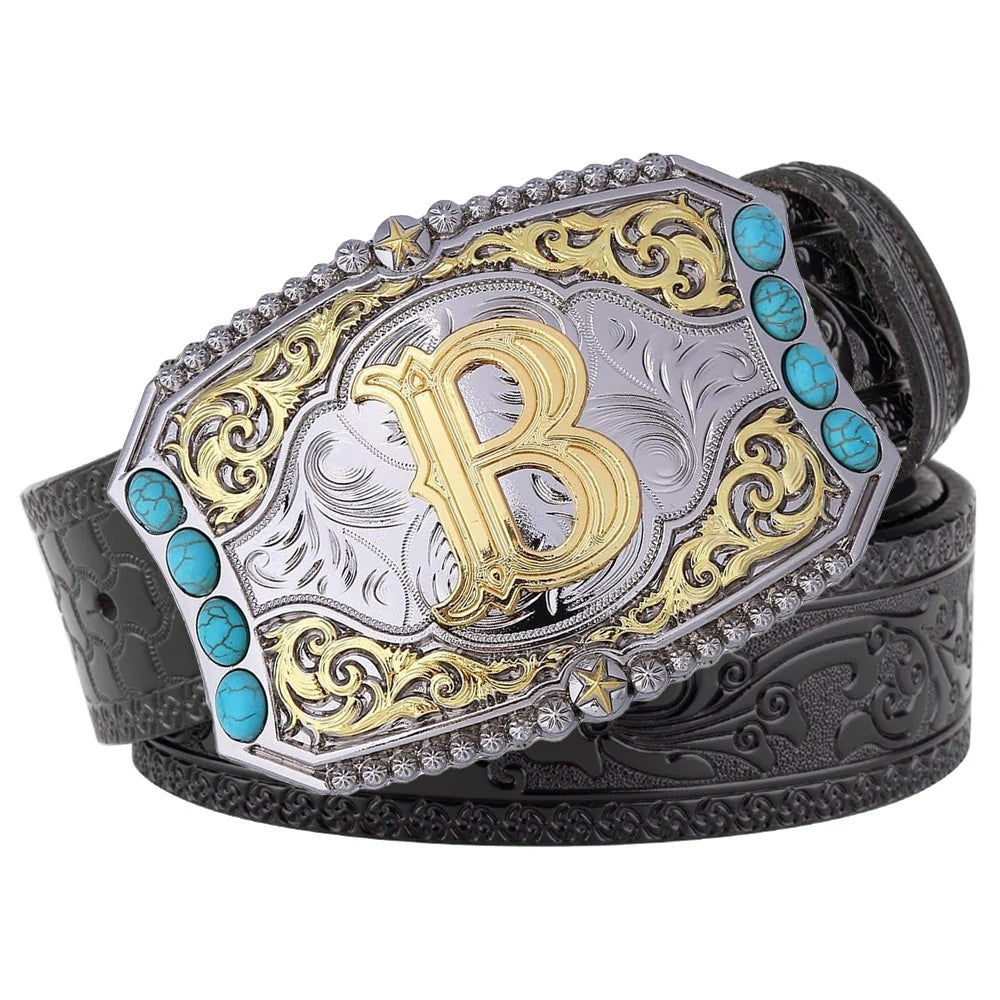 Western Cowboy Belt Turquoise Stones A-Z Initial Buckle