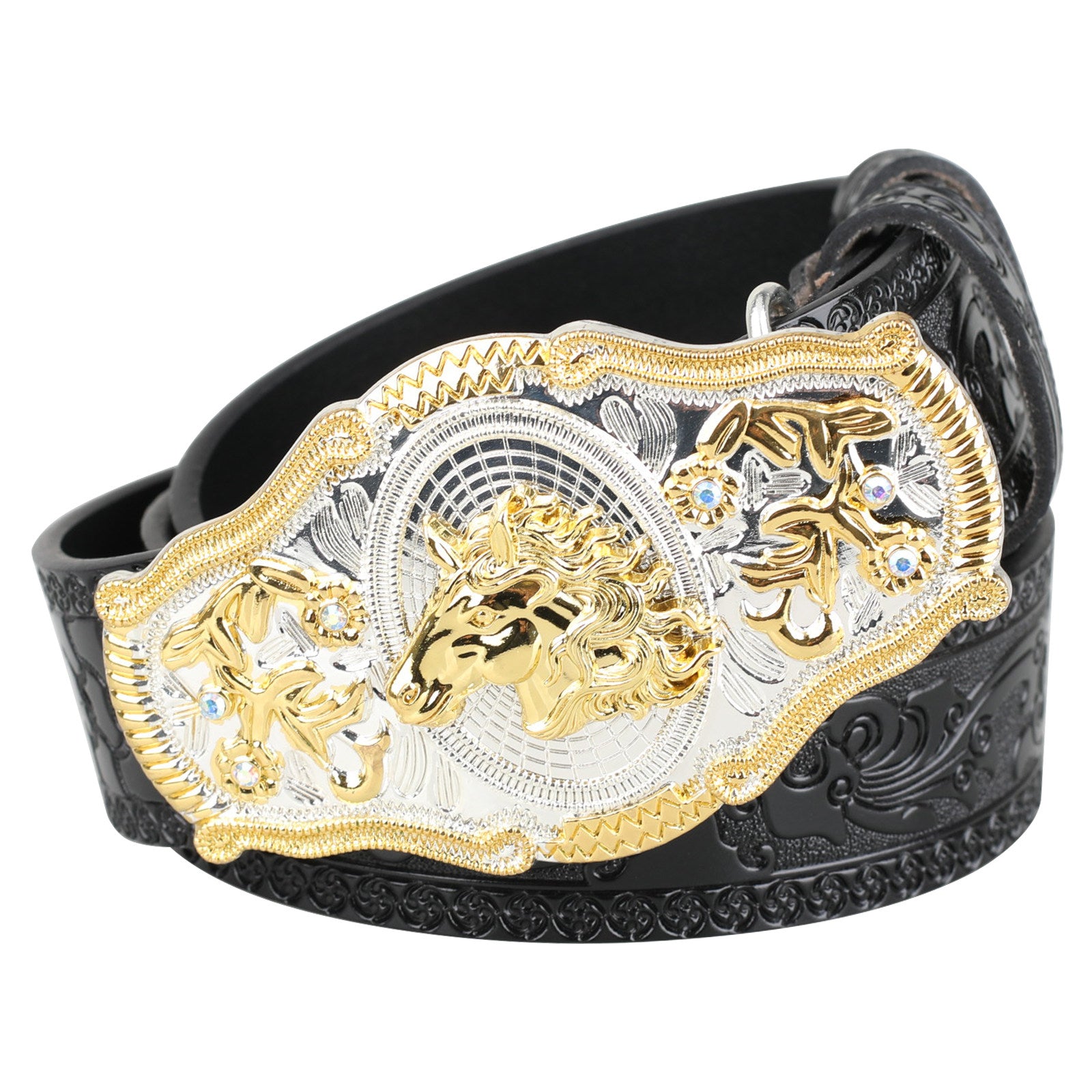 Black Western Leather Belt Gold Silver Rodeo Buckle Cowboy