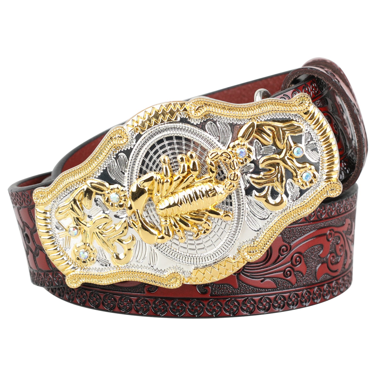 Black Western Leather Belt Gold Silver Rodeo Buckle Cowboy