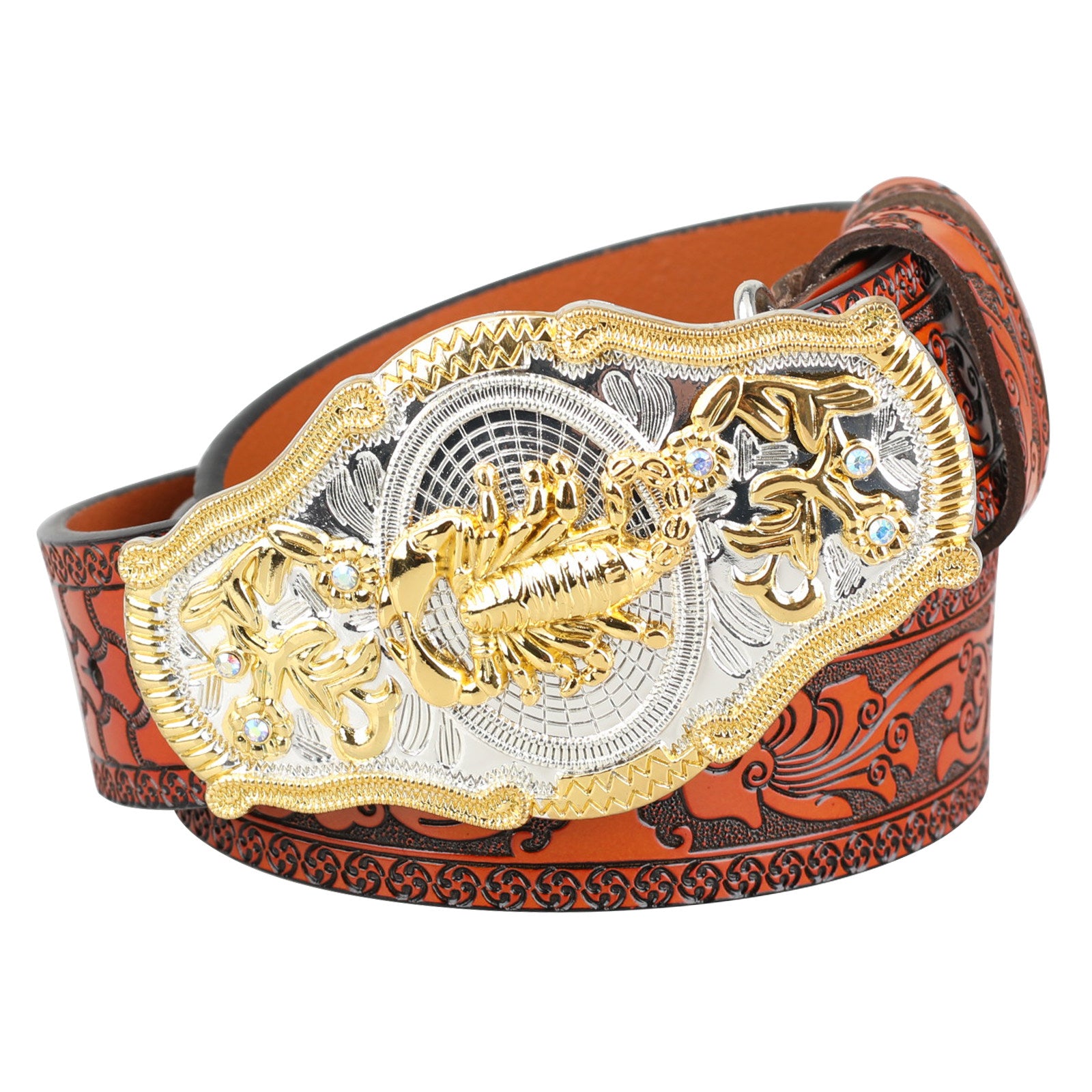 Black Western Leather Belt Gold Silver Rodeo Buckle Cowboy
