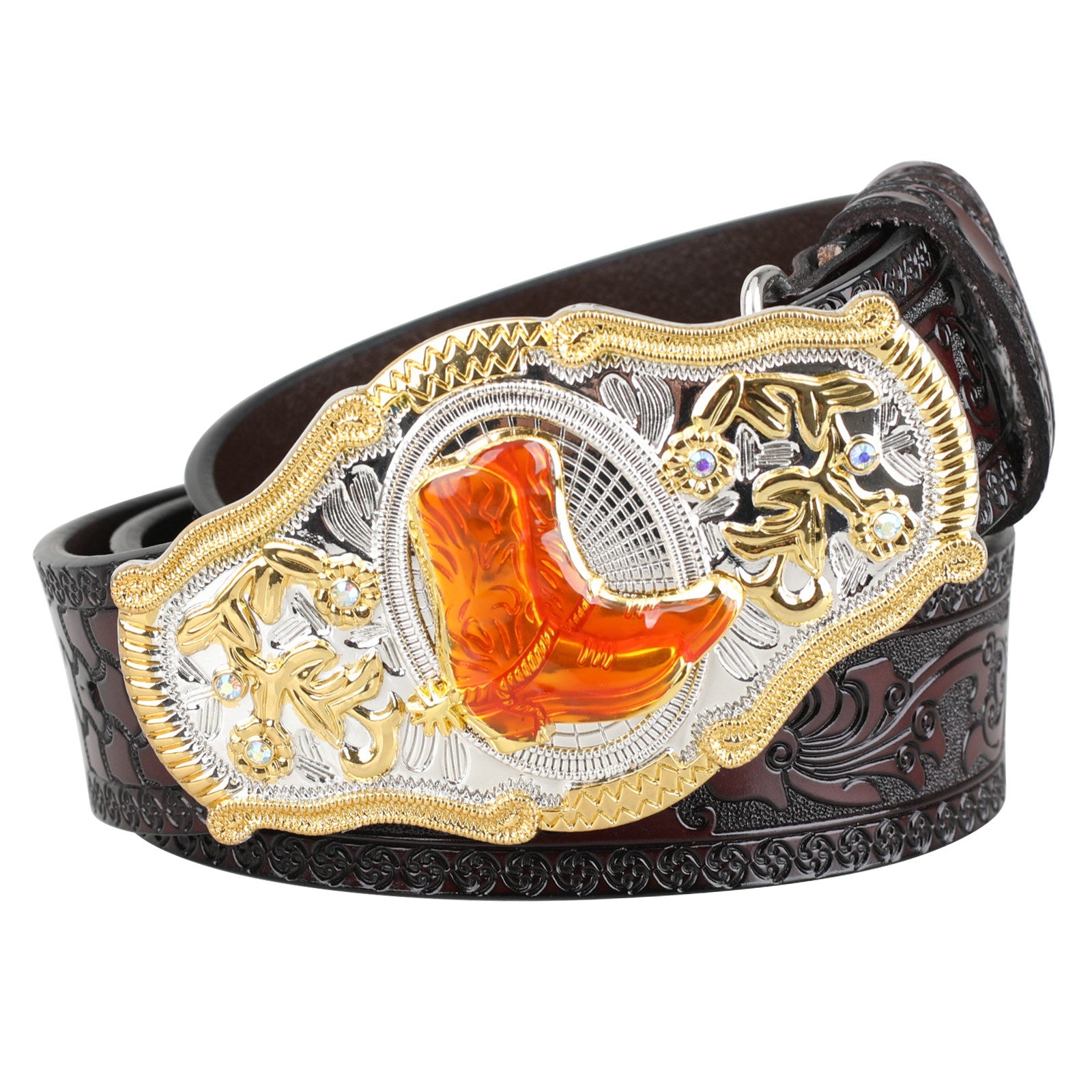 Black Western Leather Belt Gold Silver Rodeo Buckle Cowboy