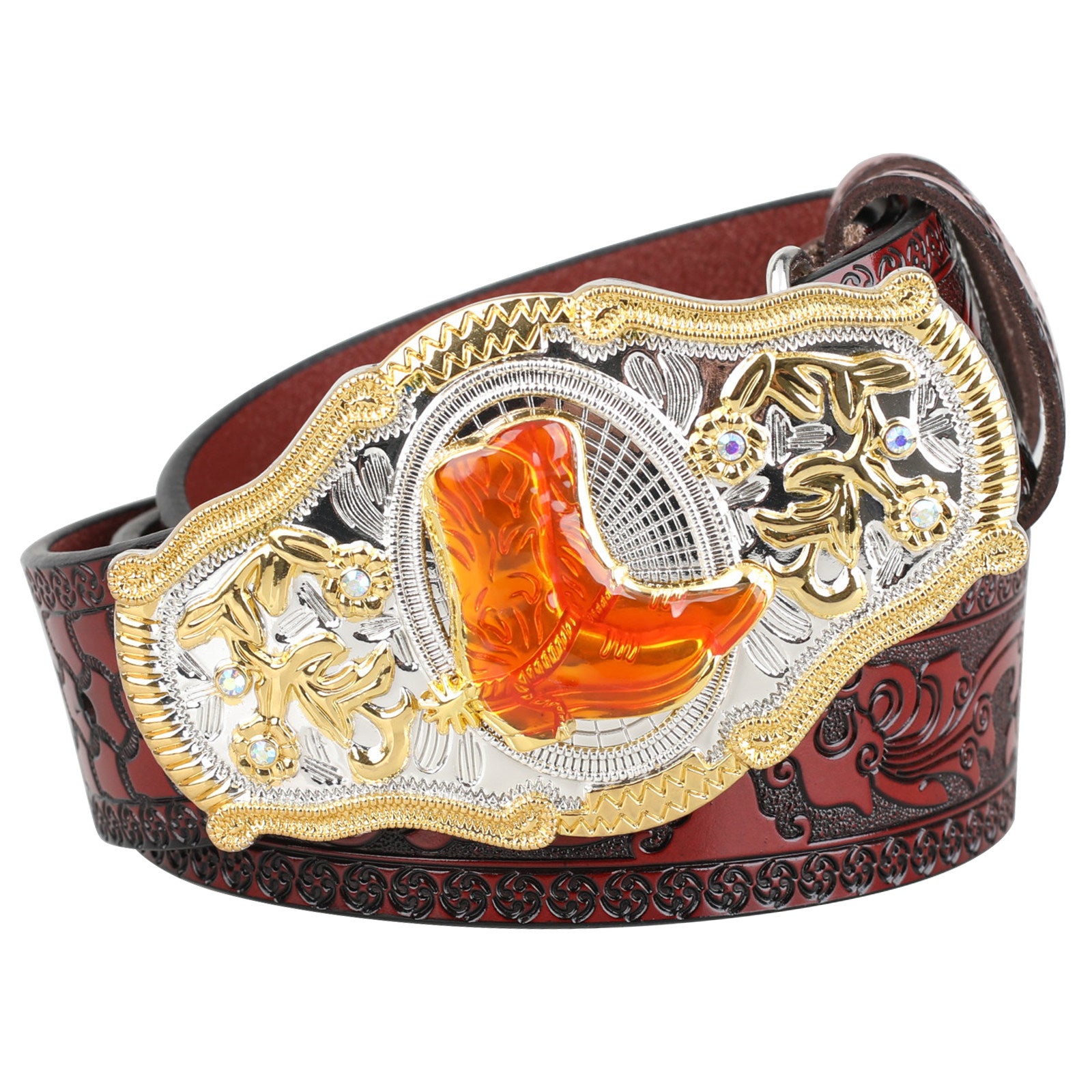 Black Western Leather Belt Gold Silver Rodeo Buckle Cowboy