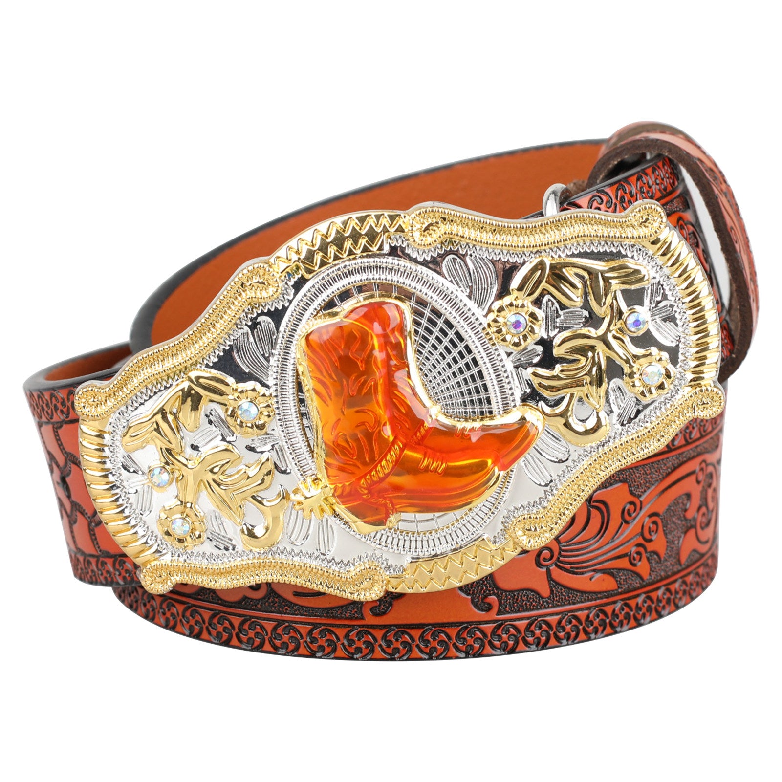 Black Western Leather Belt Gold Silver Rodeo Buckle Cowboy