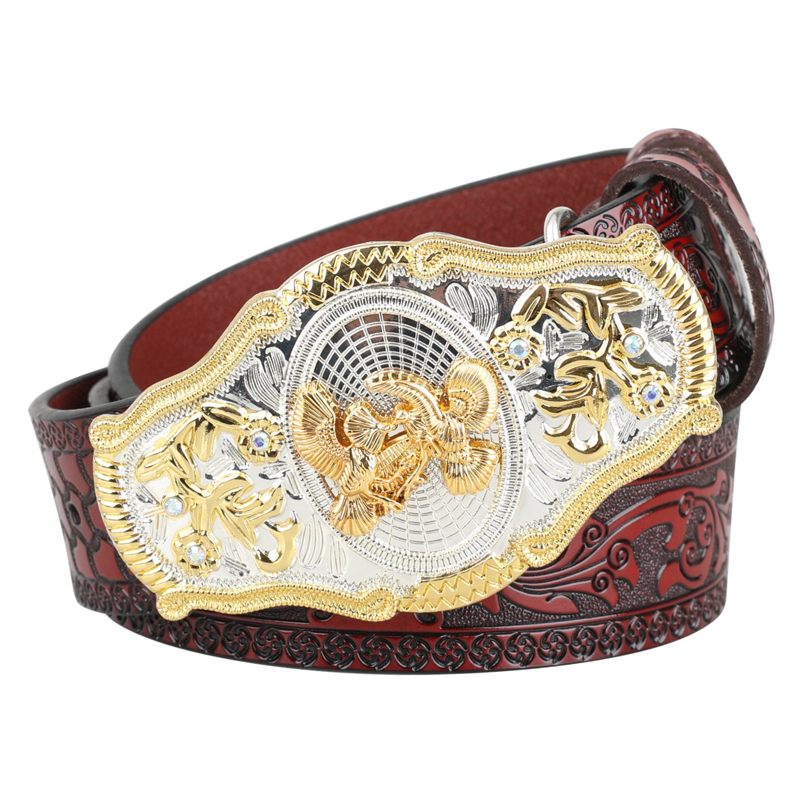 Black Western Leather Belt Gold Silver Rodeo Buckle Cowboy