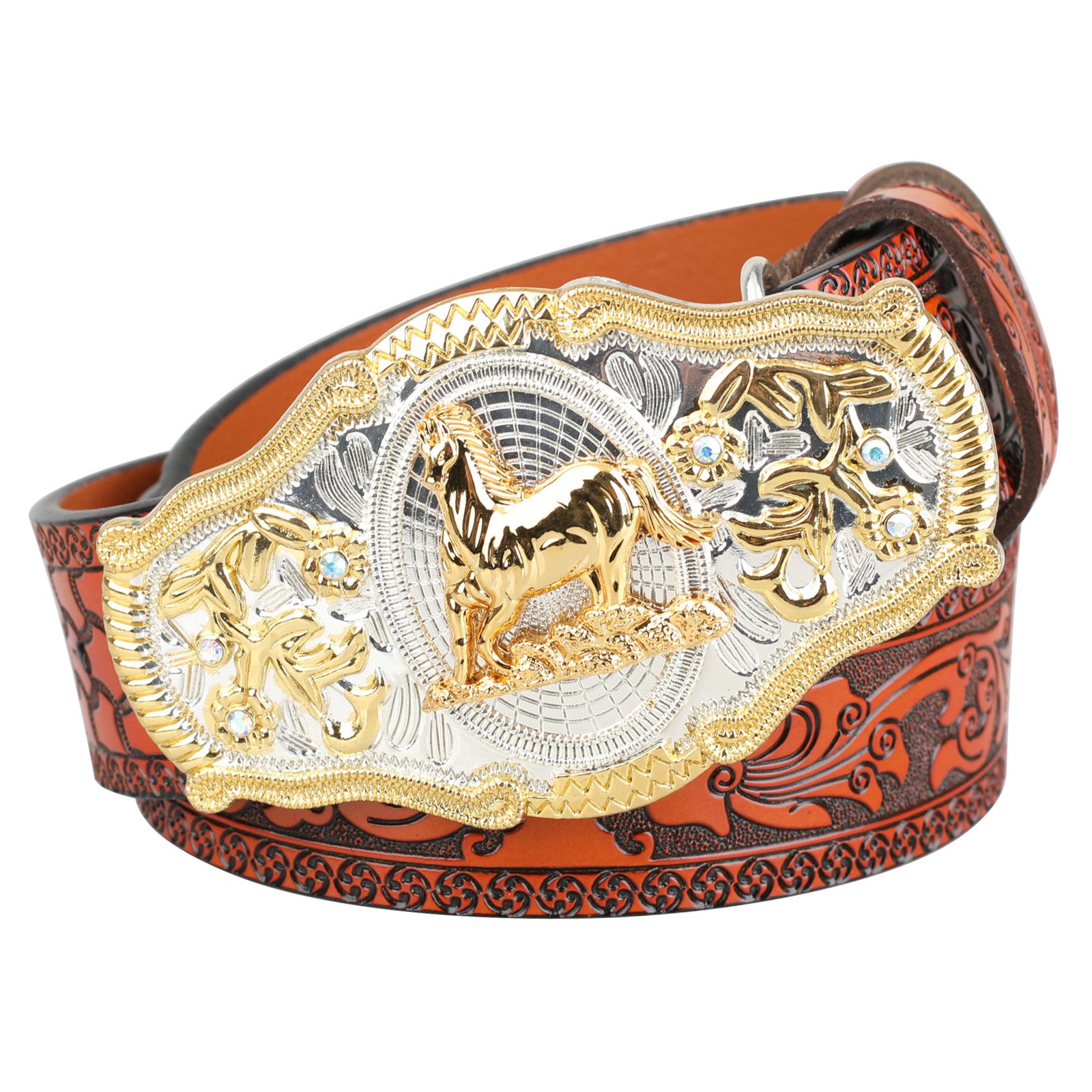 Black Western Leather Belt Gold Silver Rodeo Buckle Cowboy