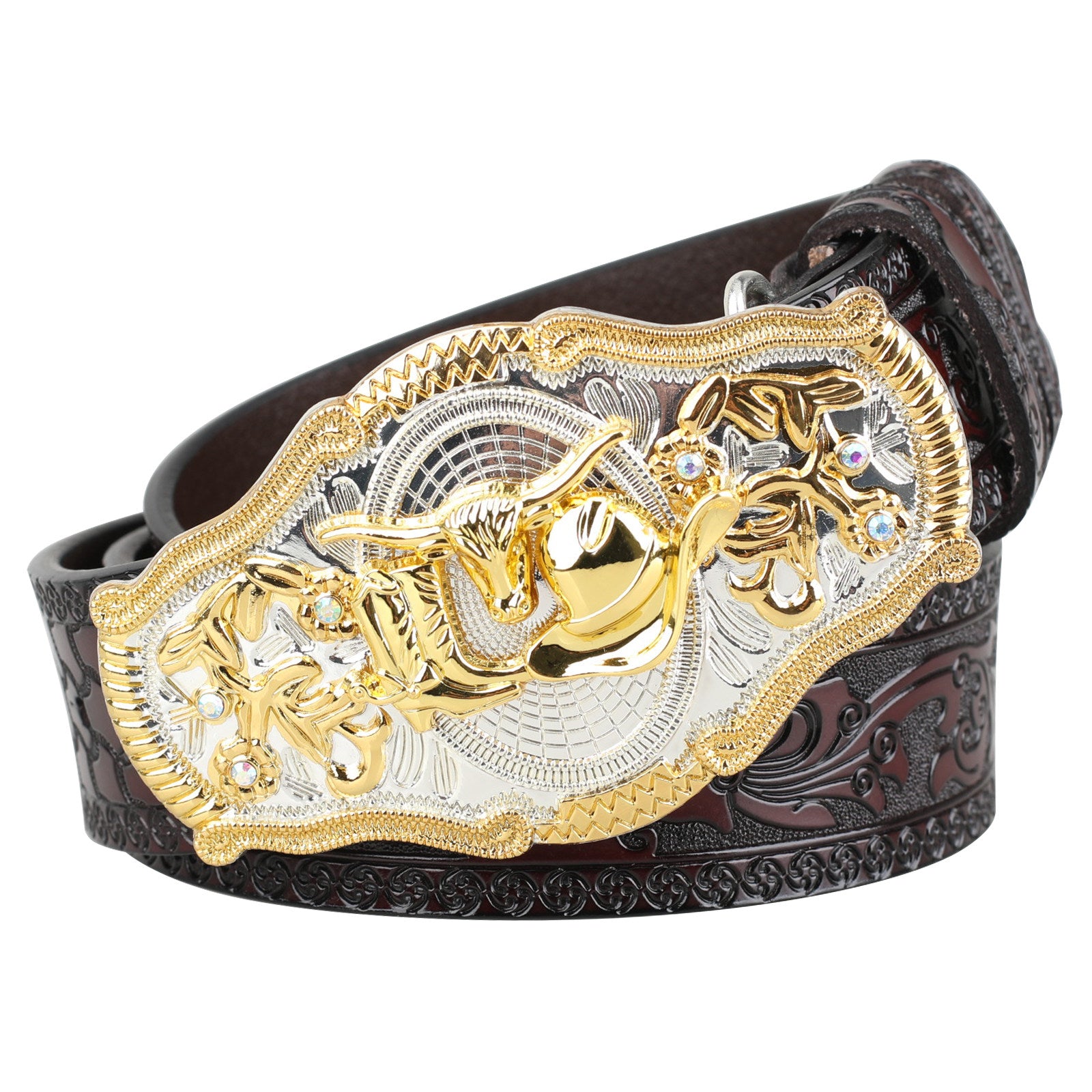 Black Western Leather Belt Gold Silver Rodeo Buckle Cowboy