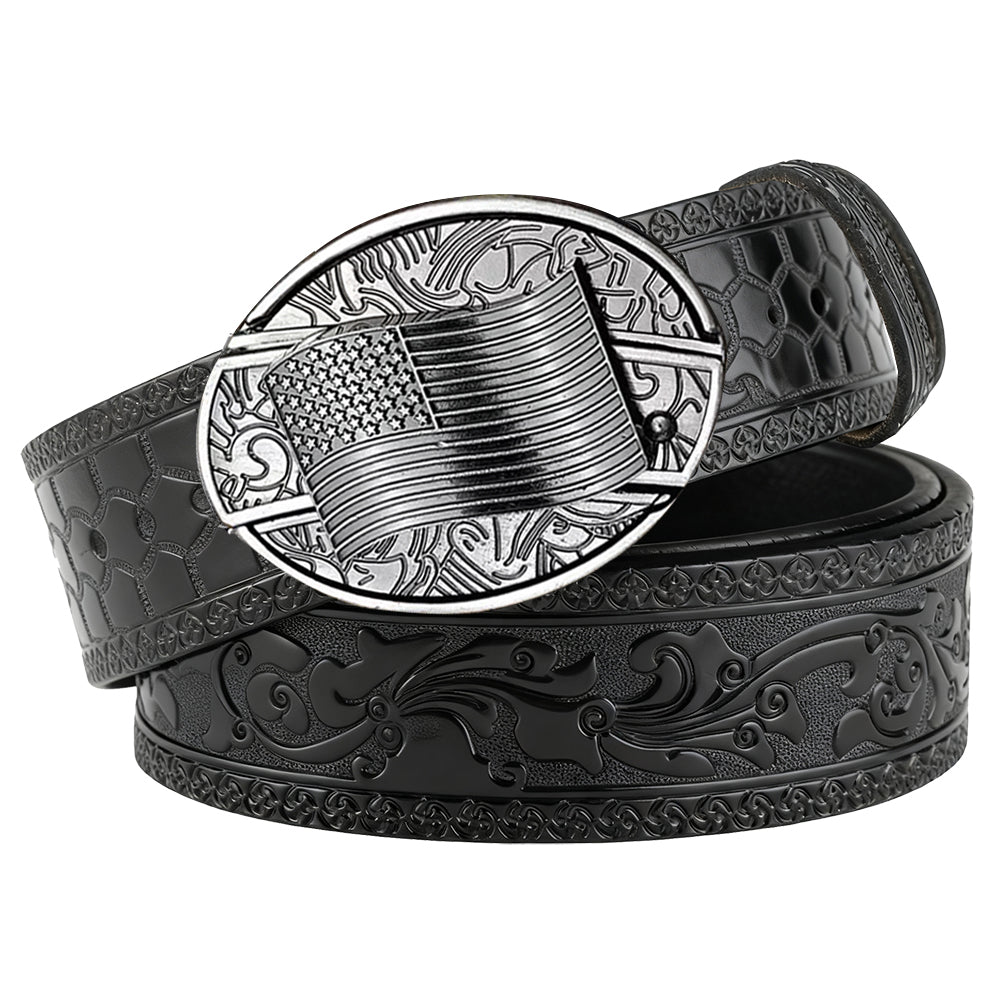 Embossed Black Leather Western Belt