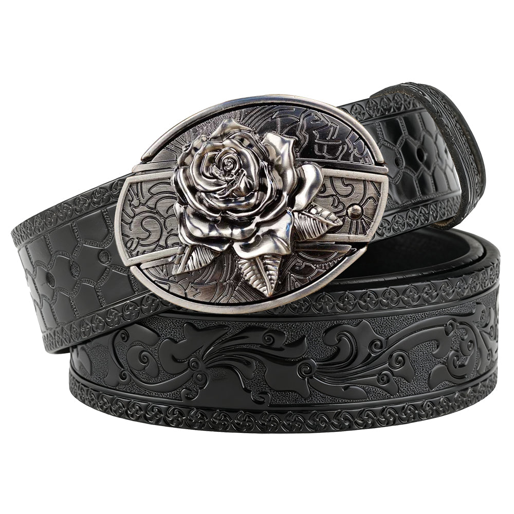 Embossed Black Leather Western Belt