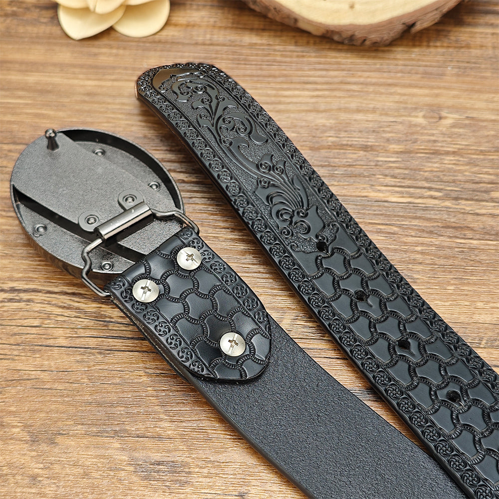 Embossed Black Leather Western Belt