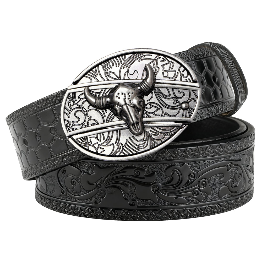 Embossed Black Leather Western Belt