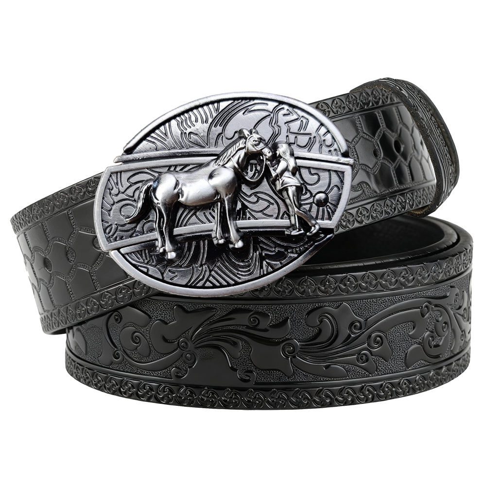 Embossed Black Leather Western Belt