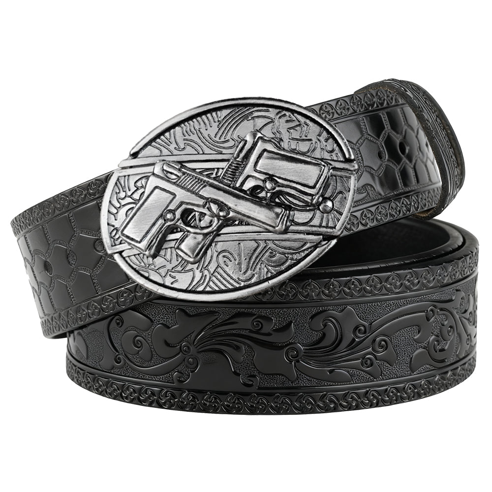 Embossed Black Leather Western Belt