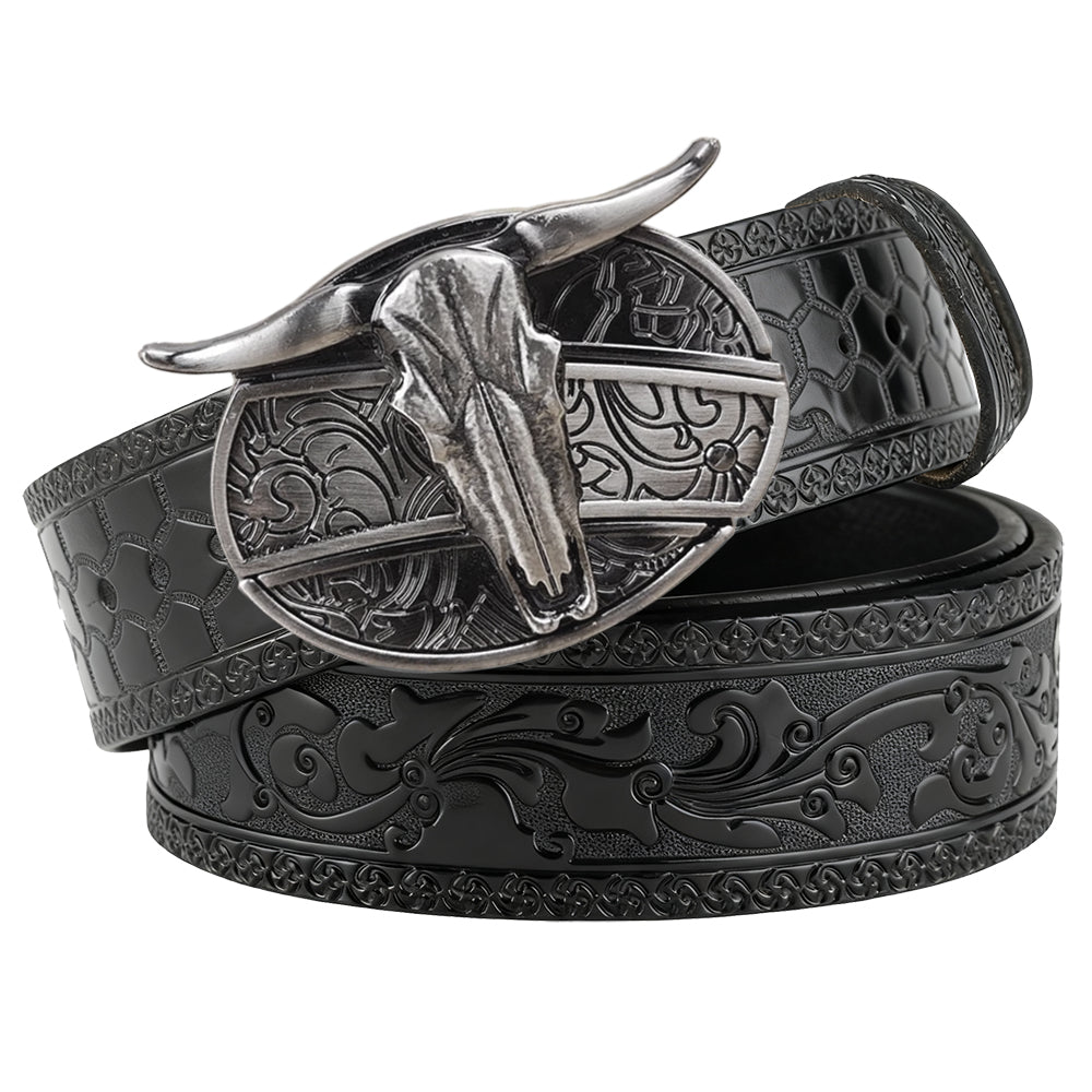Embossed Black Leather Western Belt
