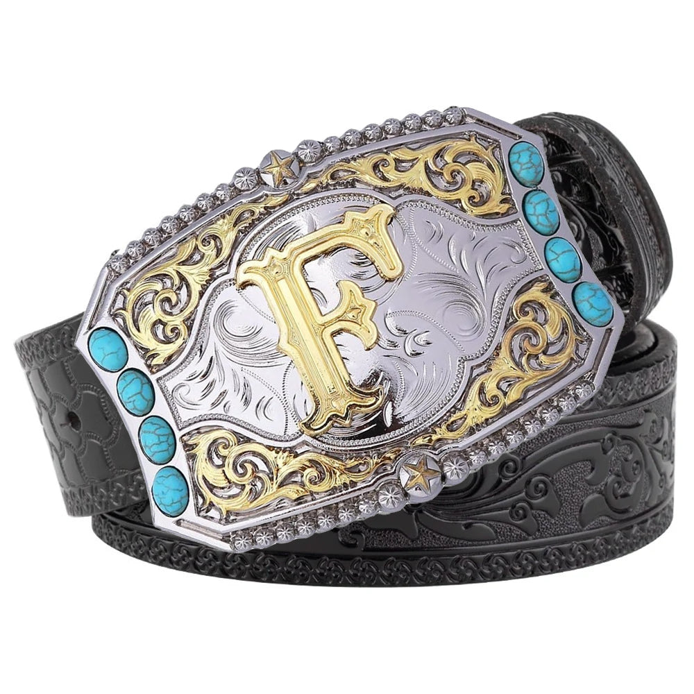 Western Cowboy Belt Turquoise Stones A-Z Initial Buckle