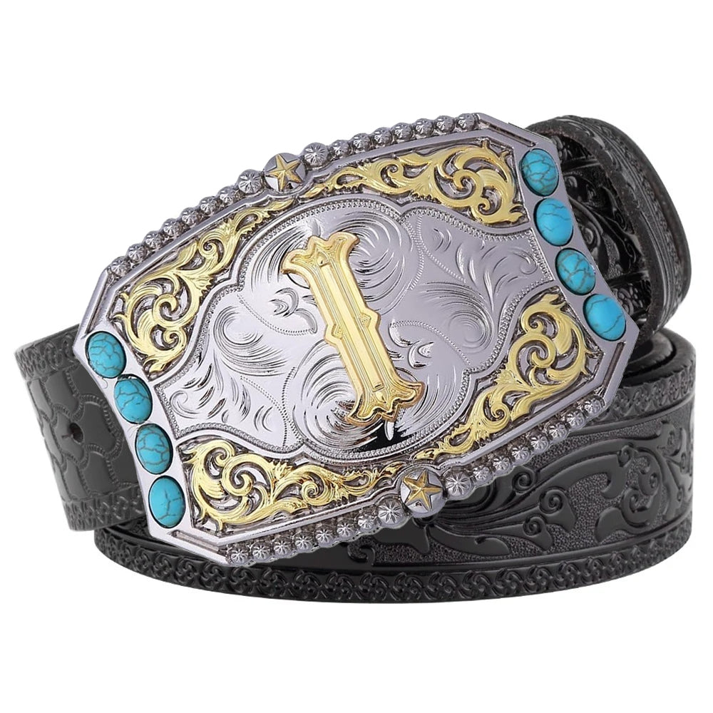 Western Cowboy Belt Turquoise Stones A-Z Initial Buckle