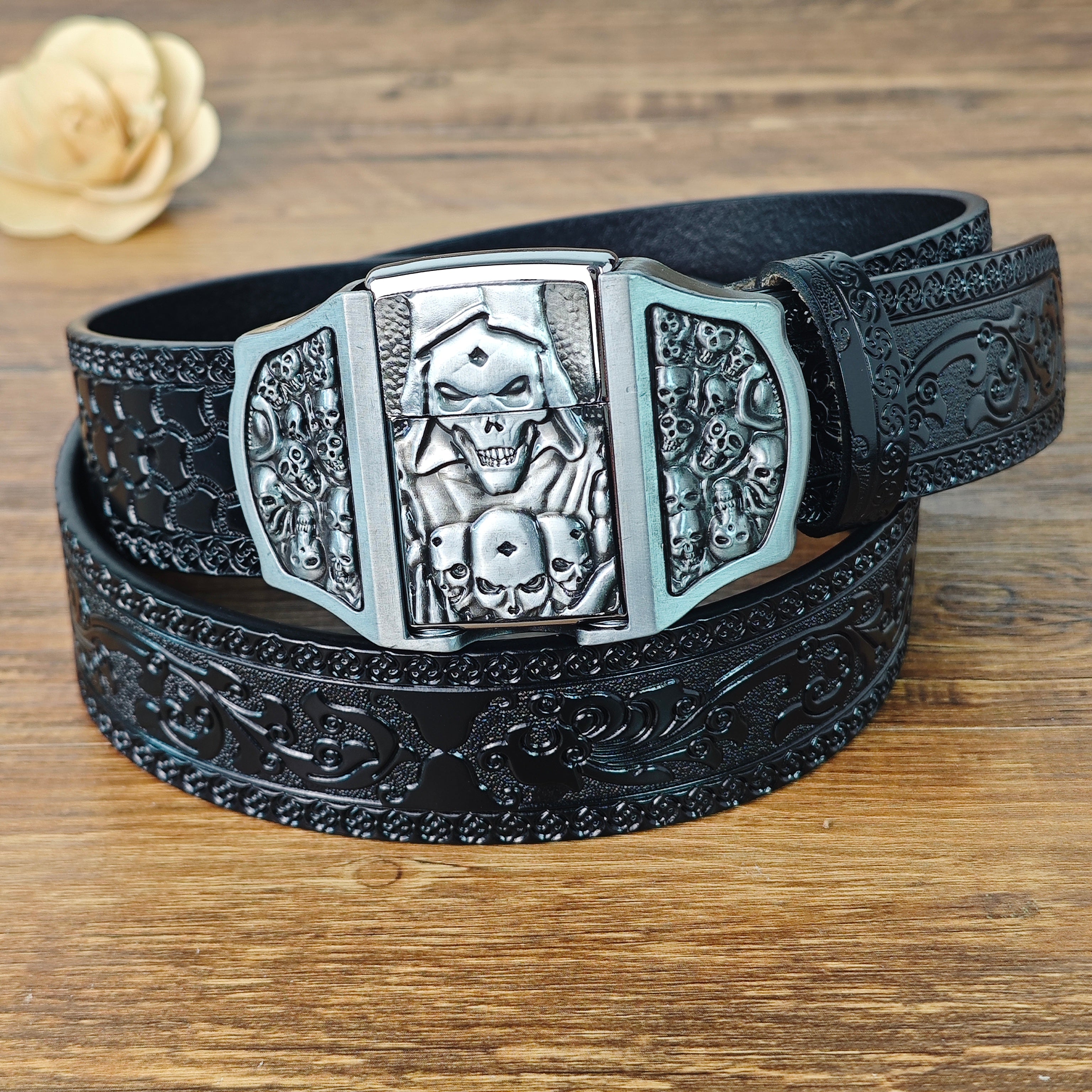 Grim Reaper Belt Set with Lighter Buckle and Bull Skull Necklace