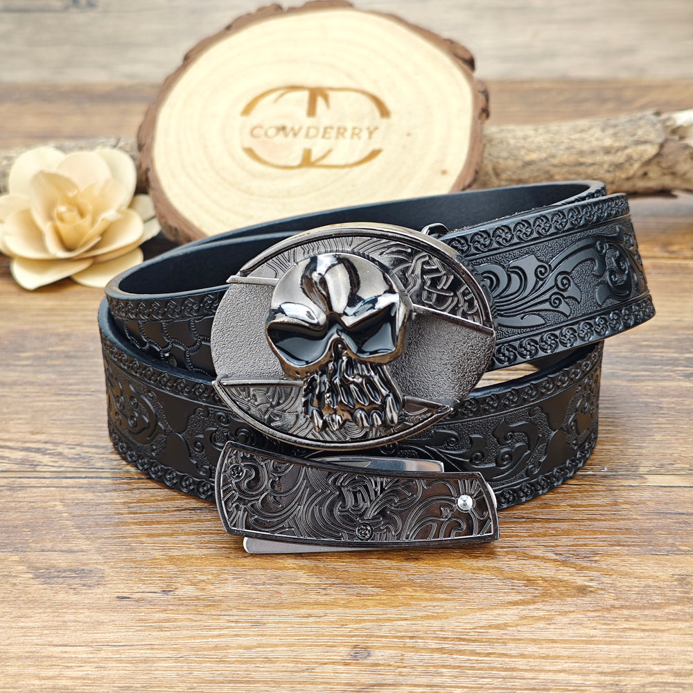 Embossed Black Leather Western Belt