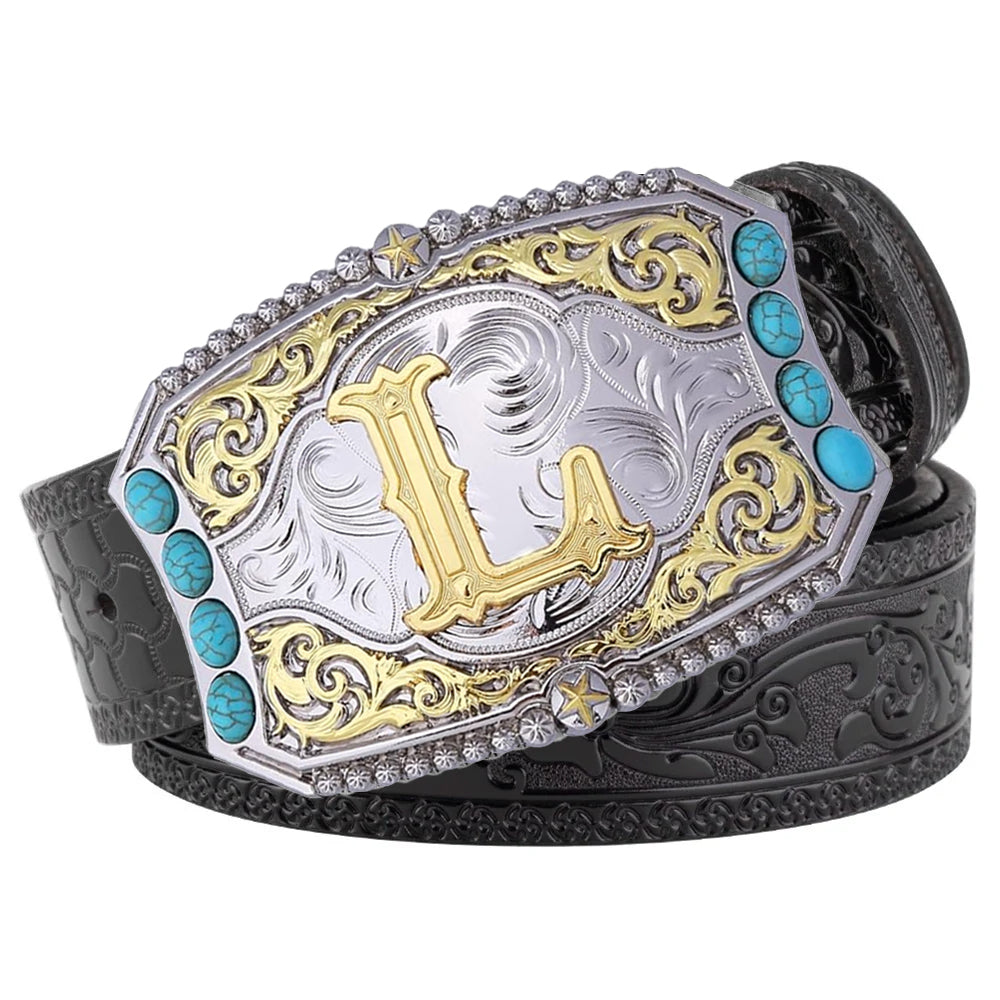 Western Cowboy Belt Turquoise Stones A-Z Initial Buckle