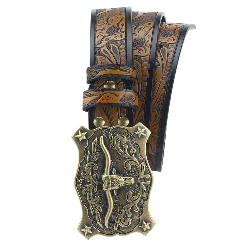 Longhorn Western Leather Belt with Antique Bronze Star Buckle
