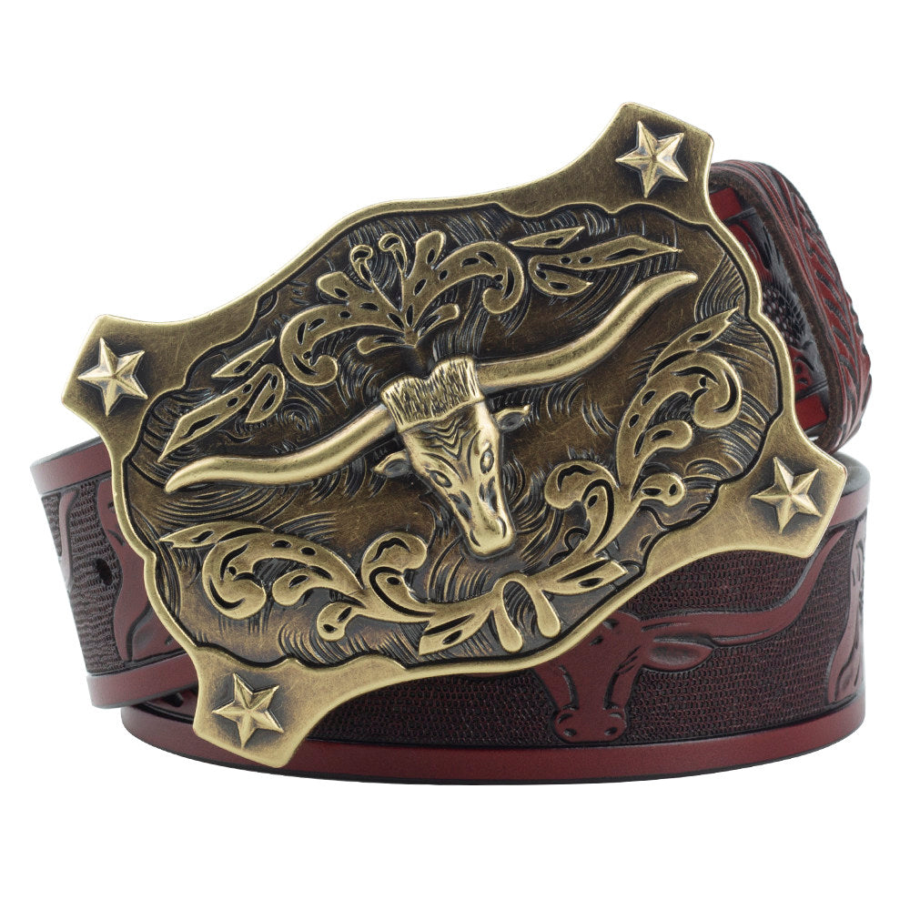 Longhorn Western Leather Belt with Antique Bronze Star Buckle