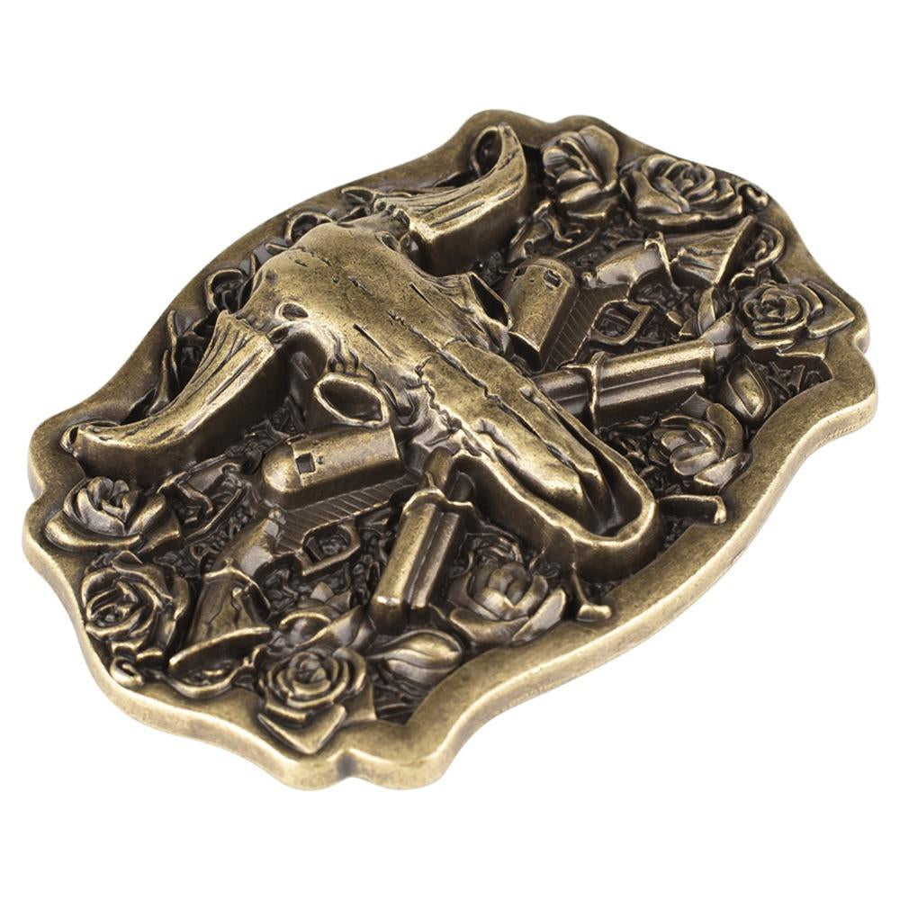 Longhorn Skull Western Belt Buckle with Roses in Antique Brass Tone