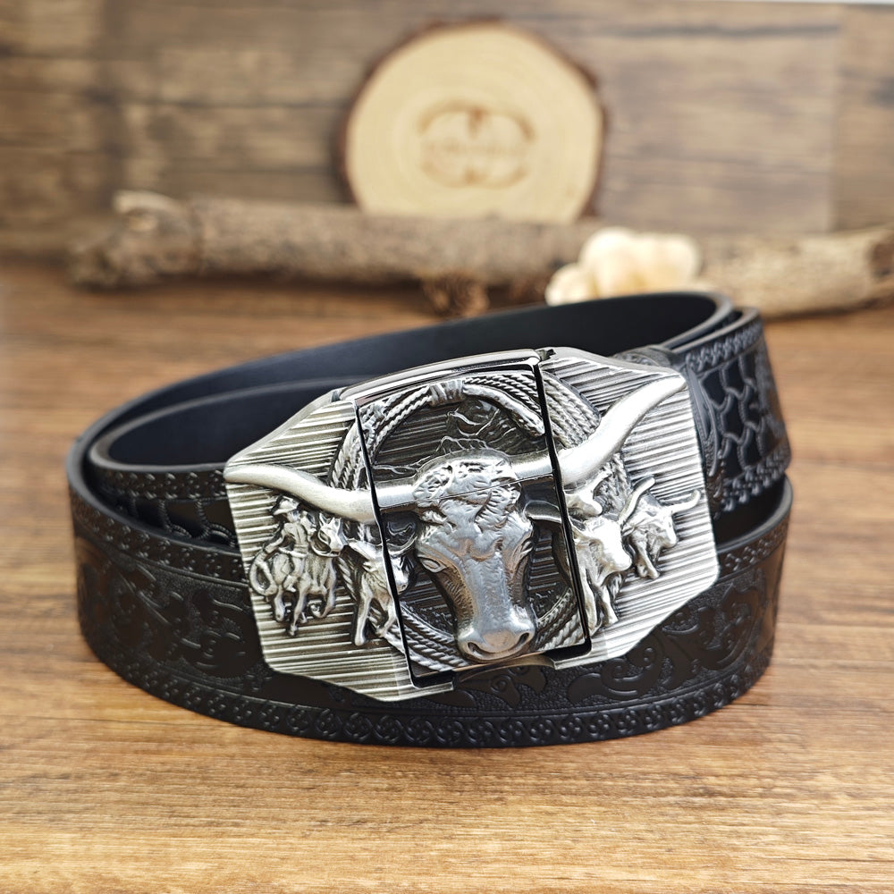 Mens Black Embossed Leather Belt Longhorn Bull Hidden Lighter Square Buckle