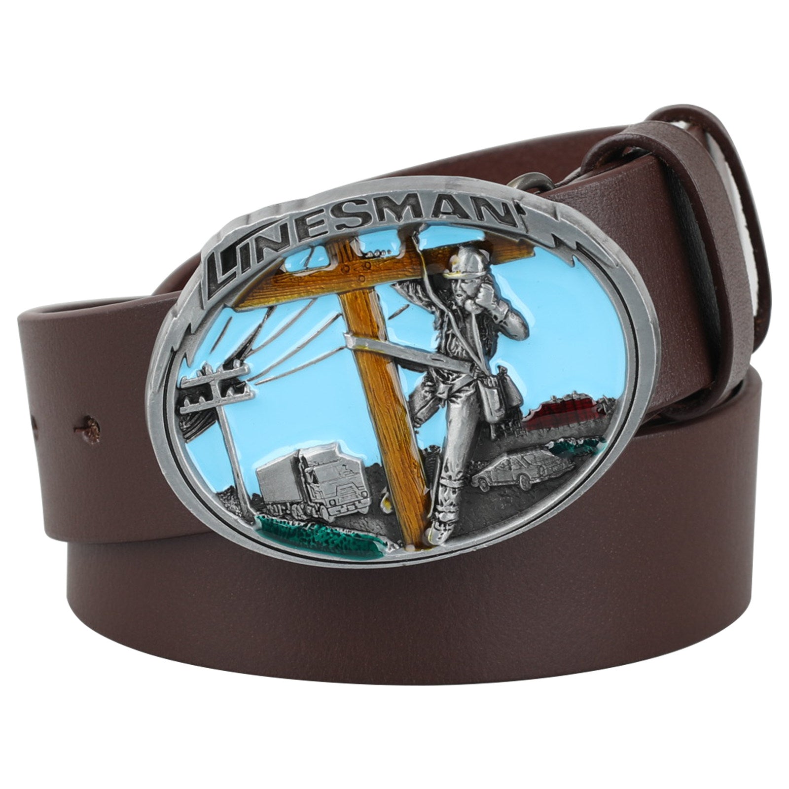 Mens Leather Belt Linesman Oval Buckle Electric Power Lineman
