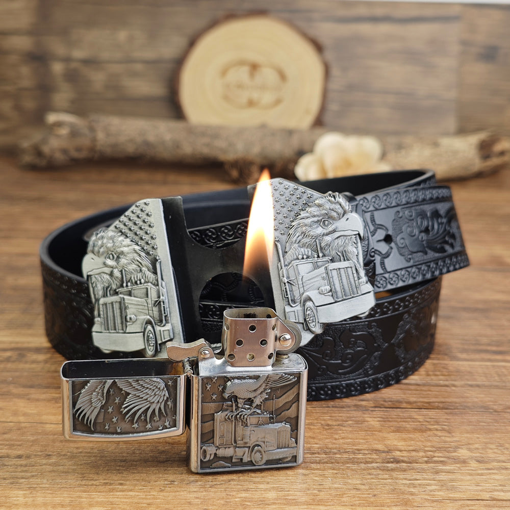 Mens Black Leather Belt Trucker Eagle American Flag Hidden Lighter Buckle