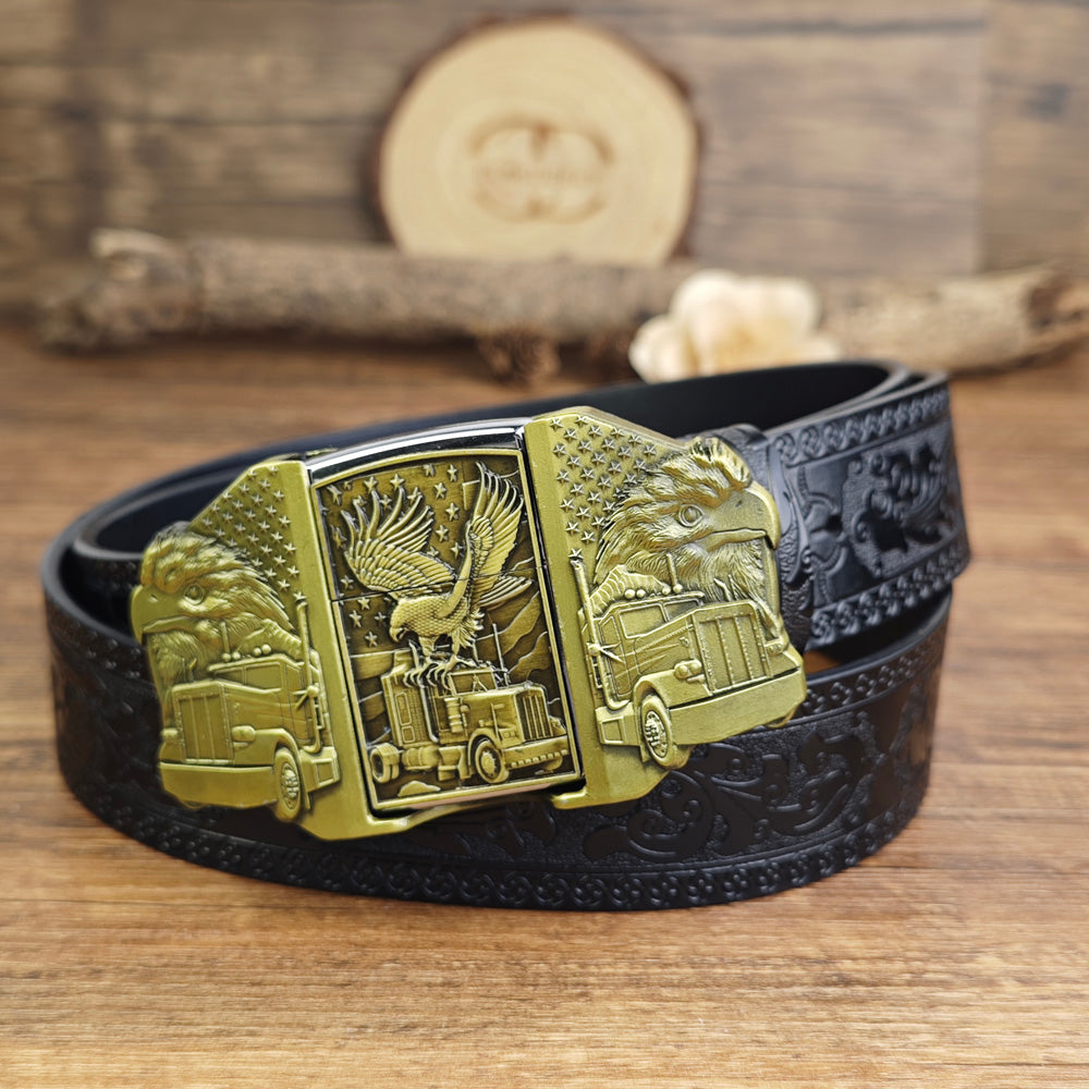 Mens Black Leather Belt Trucker Eagle American Flag Hidden Lighter Buckle