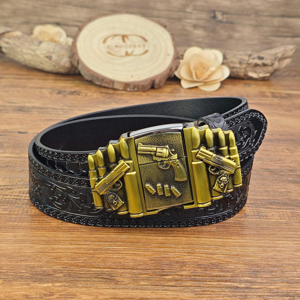 Mens Black Leather Belt with Hidden Lighter Gun Bullet Buckle
