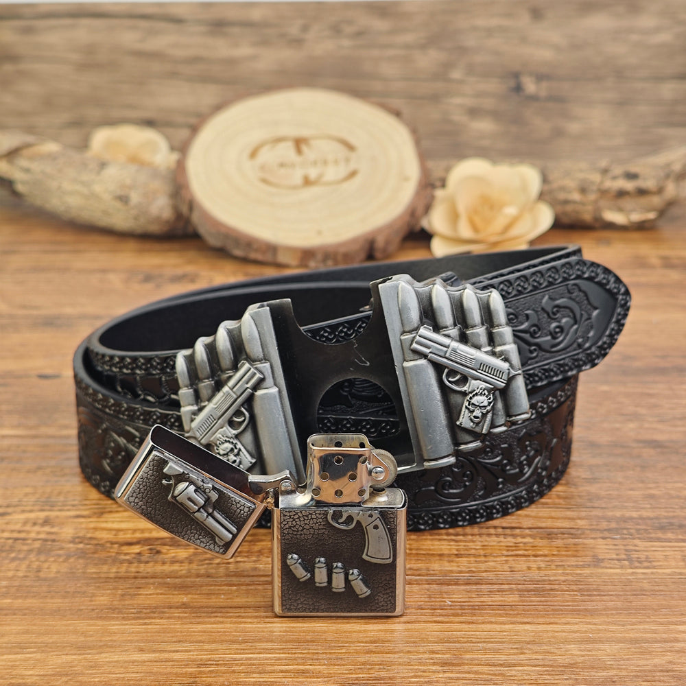 Mens Black Leather Belt with Hidden Lighter Gun Bullet Buckle