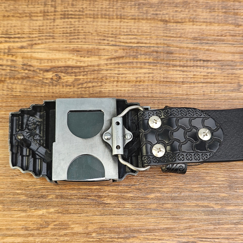 Mens Black Leather Belt with Hidden Lighter Gun Bullet Buckle