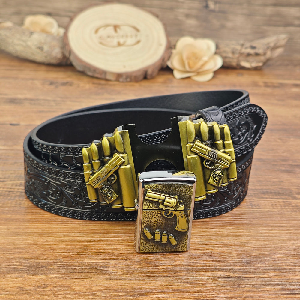 Mens Black Leather Belt with Hidden Lighter Gun Bullet Buckle
