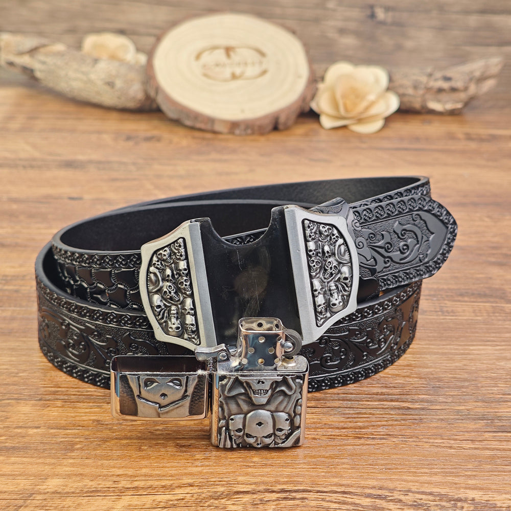 Mens Black Leather Belt with Hidden Lighter Grim Reaper Buckle