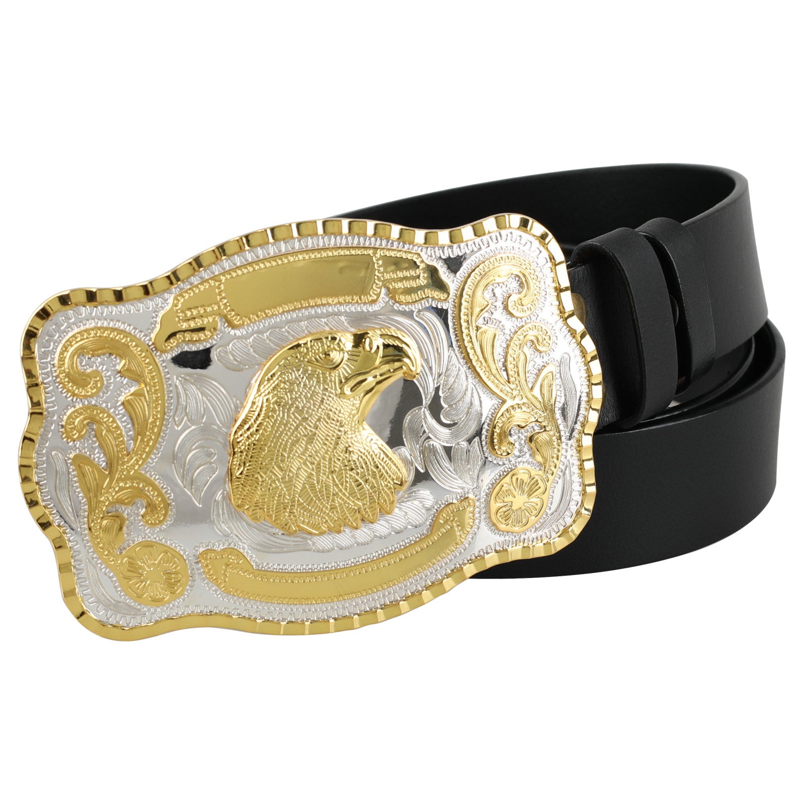 Mens Black Leather Western Belt Large Gold Silver Trophy Buckle