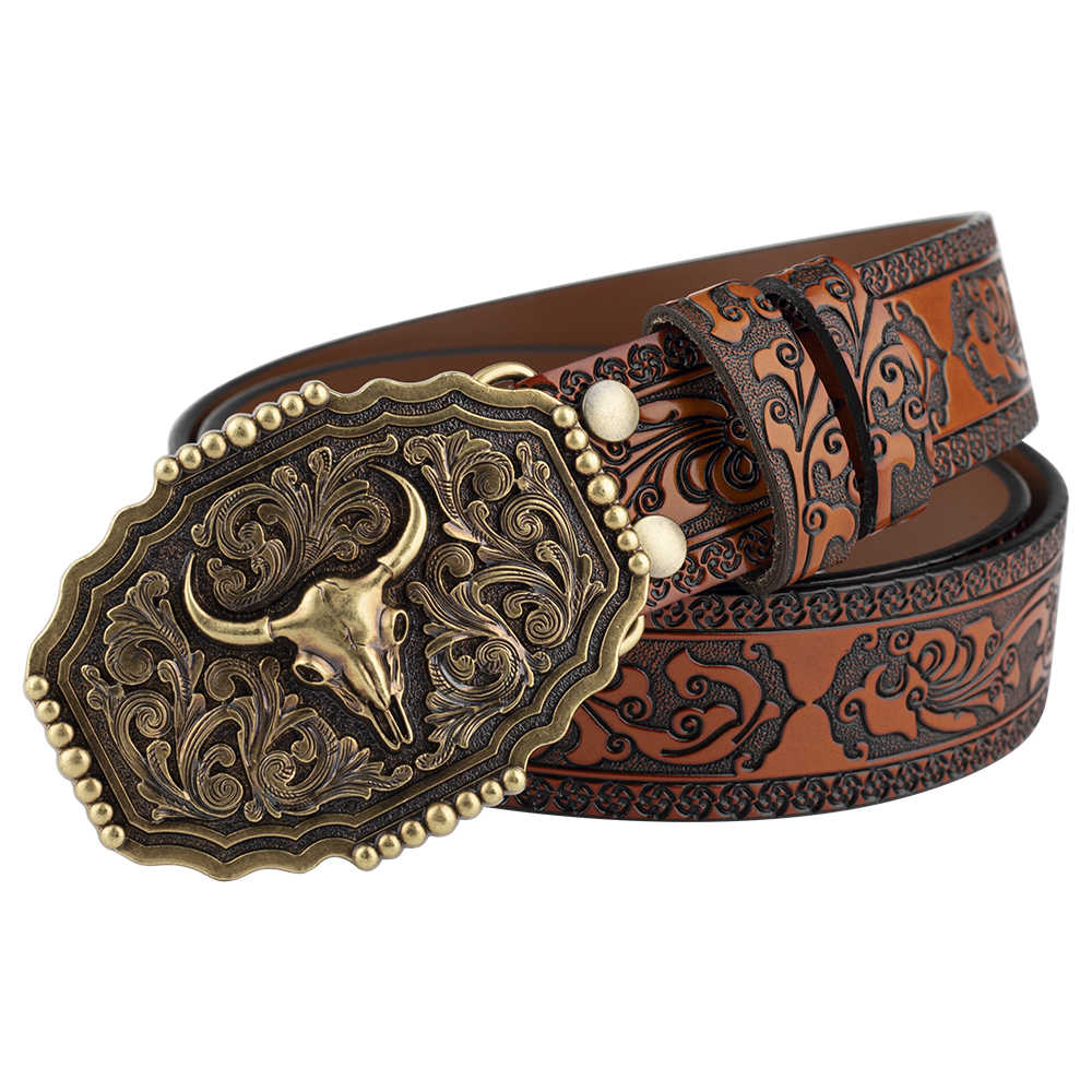 Mens Western Floral Tooled Leather Belt Bull Skull Gold Octagon Buckle Cowboy