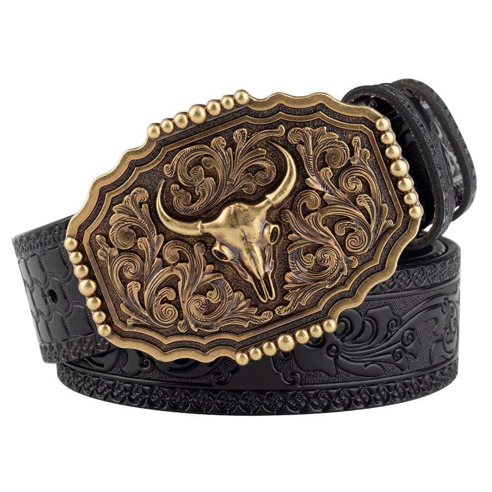 Mens Western Floral Tooled Leather Belt Bull Skull Gold Octagon Buckle Cowboy