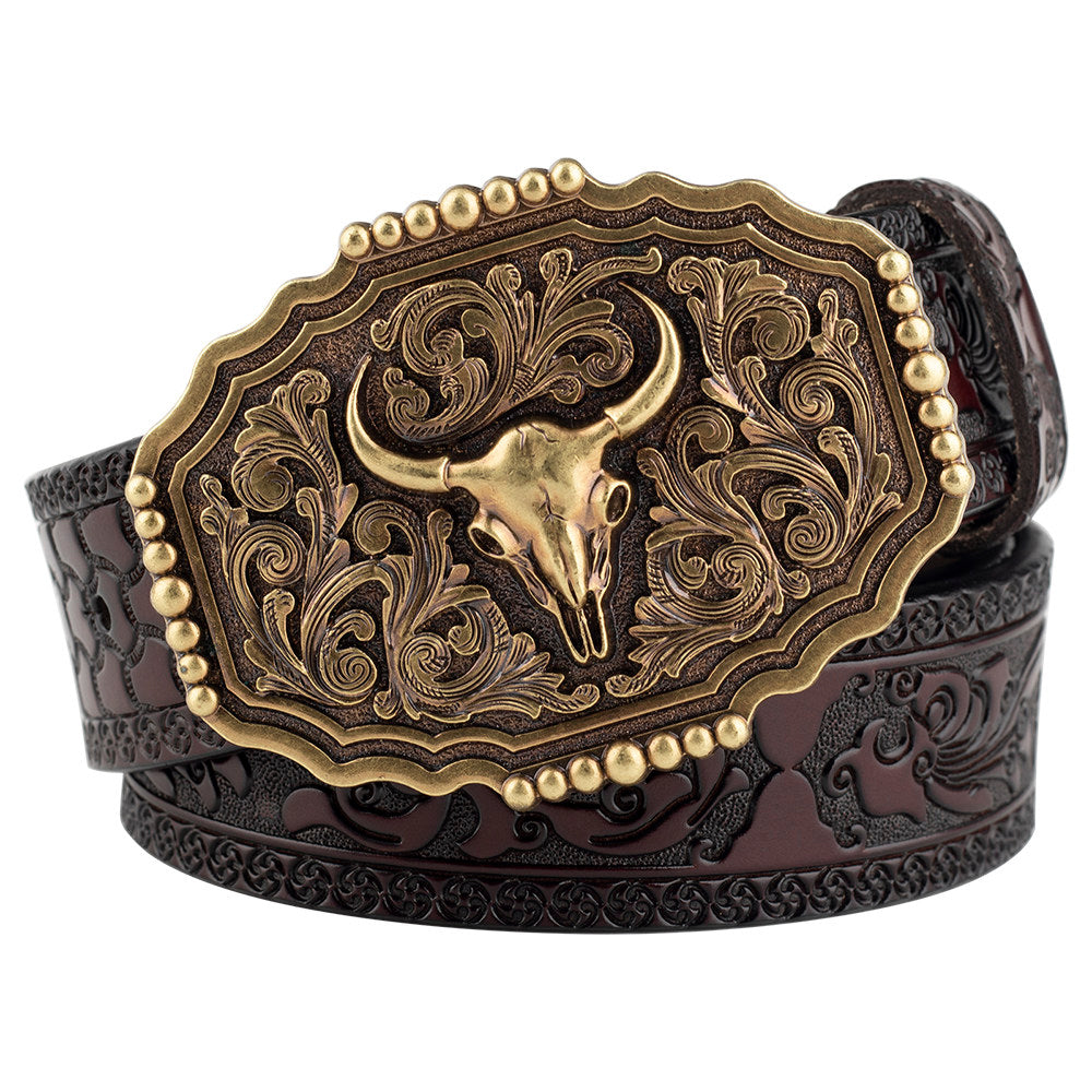 Mens Western Floral Tooled Leather Belt Bull Skull Gold Octagon Buckle Cowboy