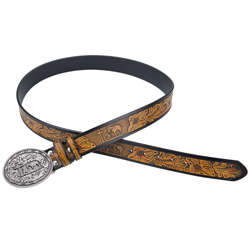 Mens Western Floral Tooled Leather Belt Cowboy Praying Cross Horse Buckle