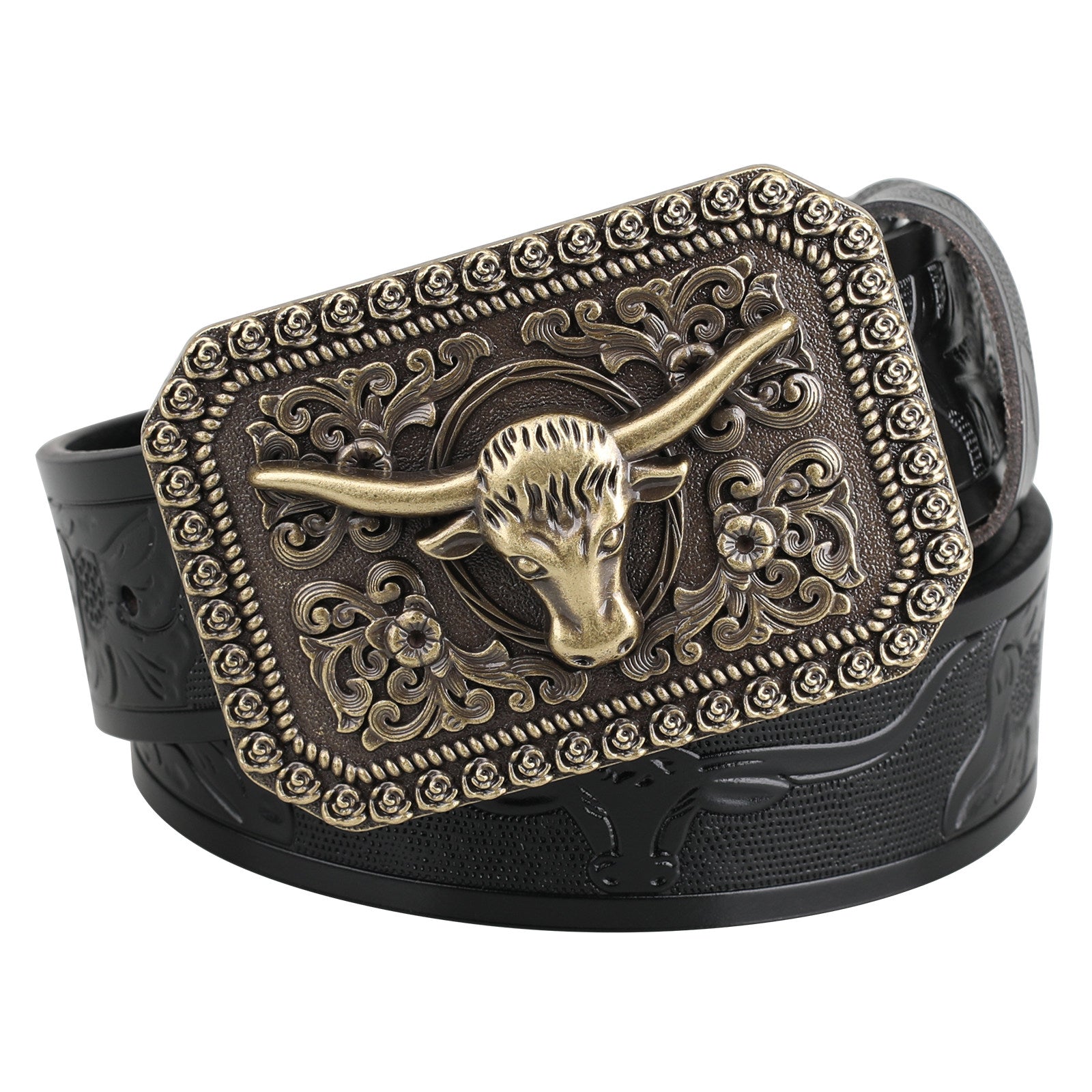 Mens Longhorn Western Leather Belt with Antique Bronze Bull Buckle