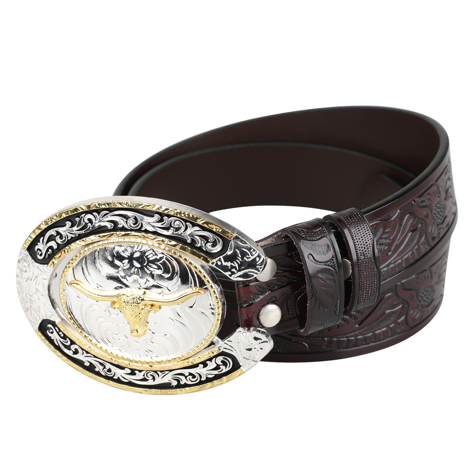 Mens Western Longhorn Floral Tooled Leather Belt Gold Silver Oval Buckle Cowboy