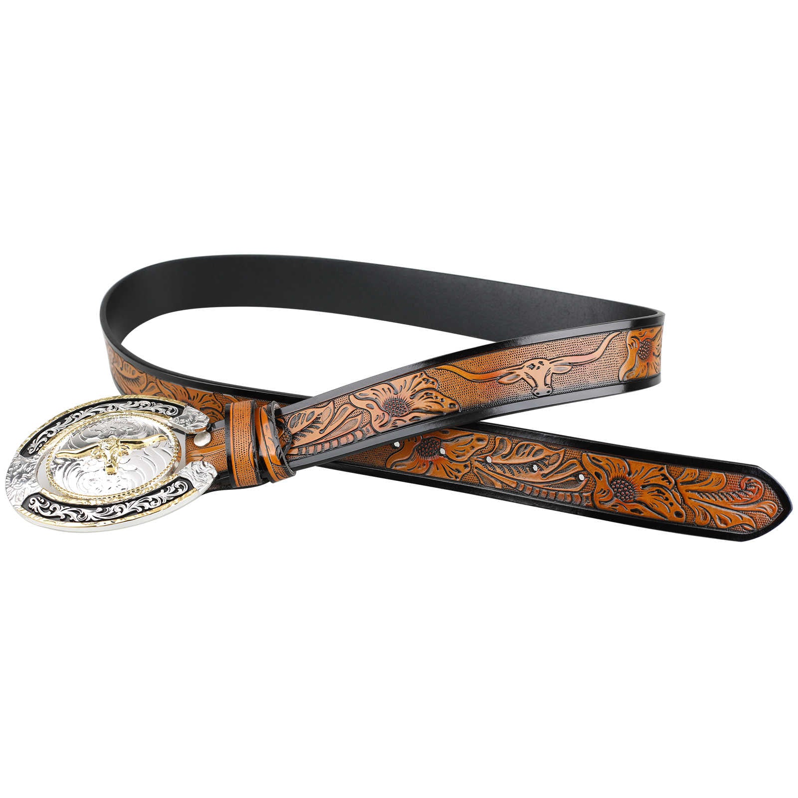 Mens Western Longhorn Floral Tooled Leather Belt Gold Silver Oval Buckle Cowboy