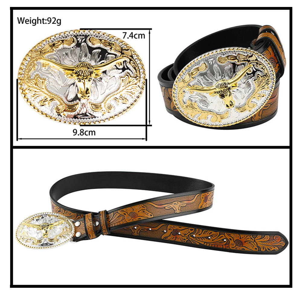 Mens Western Longhorn Leather Belt Gold Silver Oval Bull Buckle Cowboy