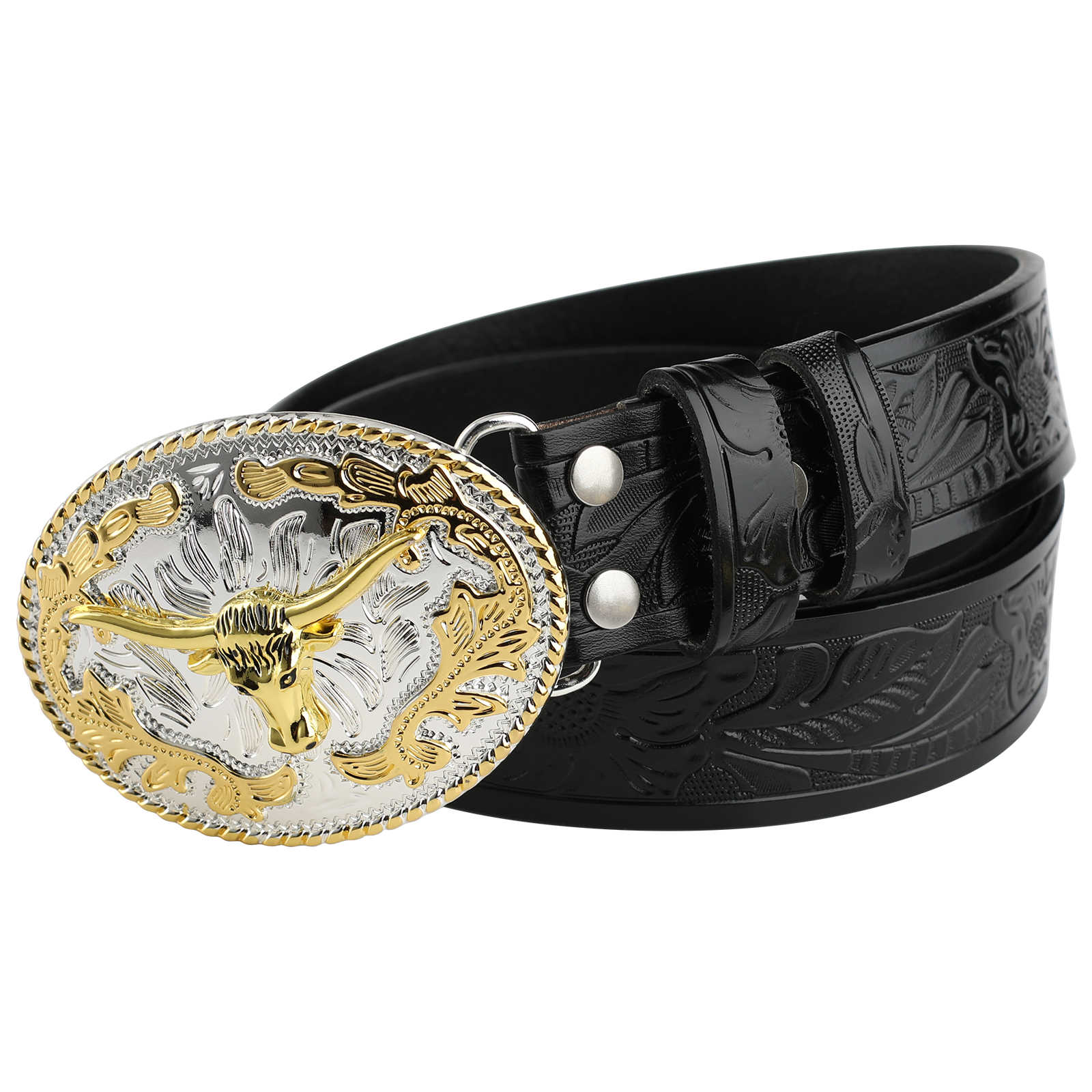 Mens Western Longhorn Leather Belt Gold Silver Oval Bull Buckle Cowboy