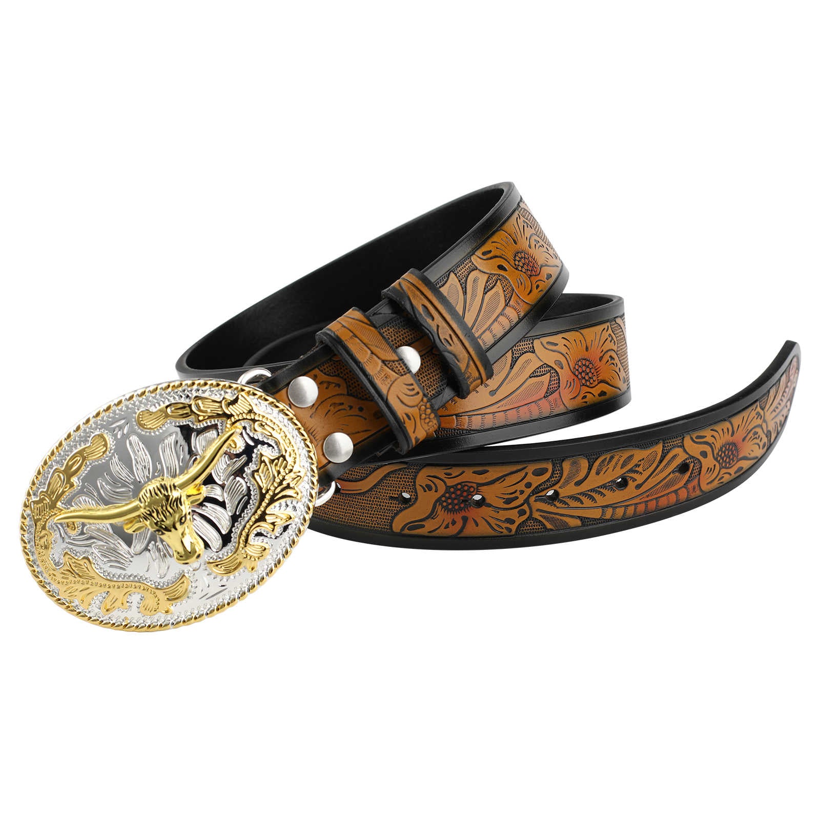 Mens Western Longhorn Leather Belt Gold Silver Oval Bull Buckle Cowboy